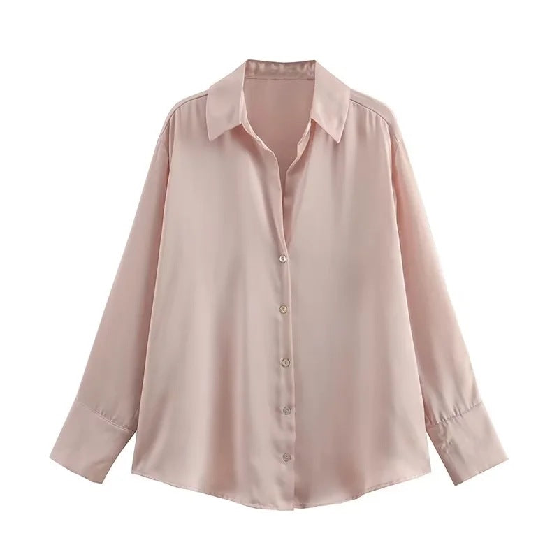 Women's Autumn Silk Satin Texture Draping Long-sleeved Blouses