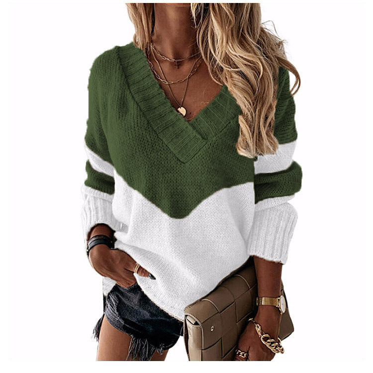 Women's Pullover V-neck Loose Color Matching Contrast Sweaters