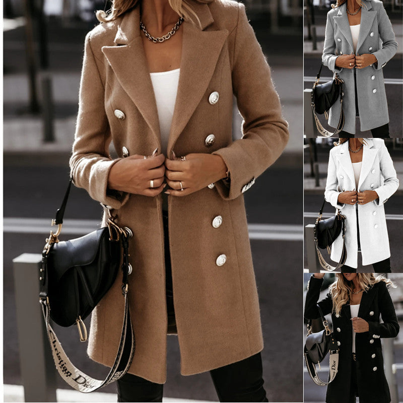 Women's Long Sleeve Collar Double Breasted Woolen Coats