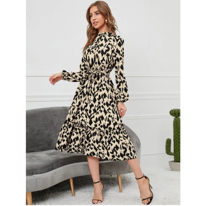 Women's Long Sleeve Printed Stand Collar Ruffle Dresses