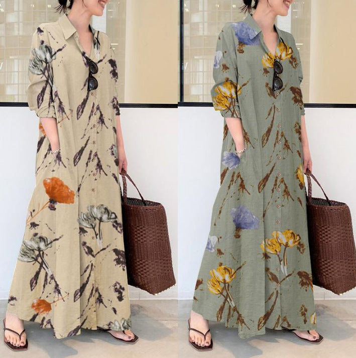 Linen Color Lapel Long Sleeve Pocket Dresses