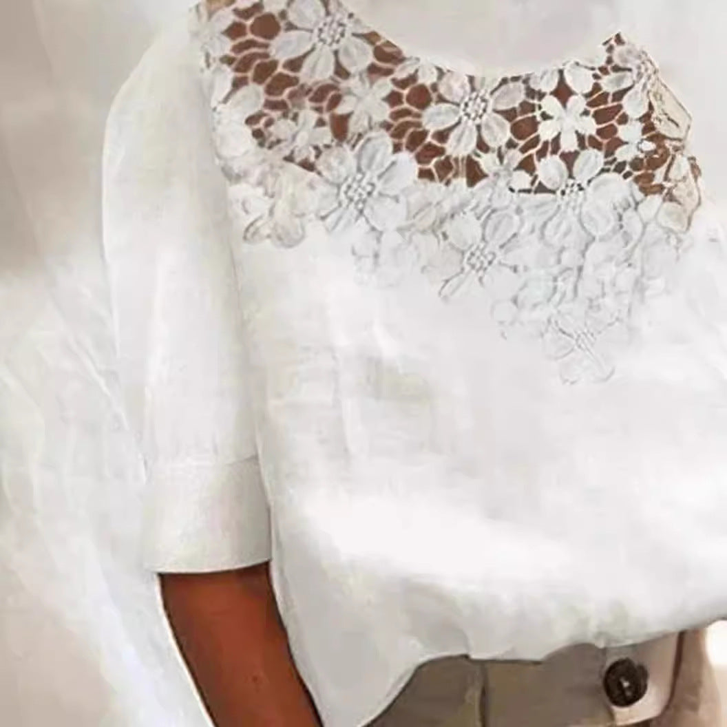 Women's Lace Stitching Half Turtleneck Casual Shirt Blouses