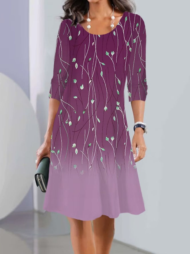 Print Long Sleeve Round Neck Mid-length Dresses