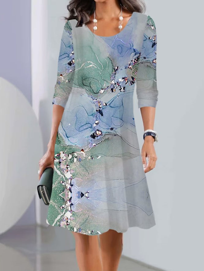 Print Long Sleeve Round Neck Mid-length Dresses