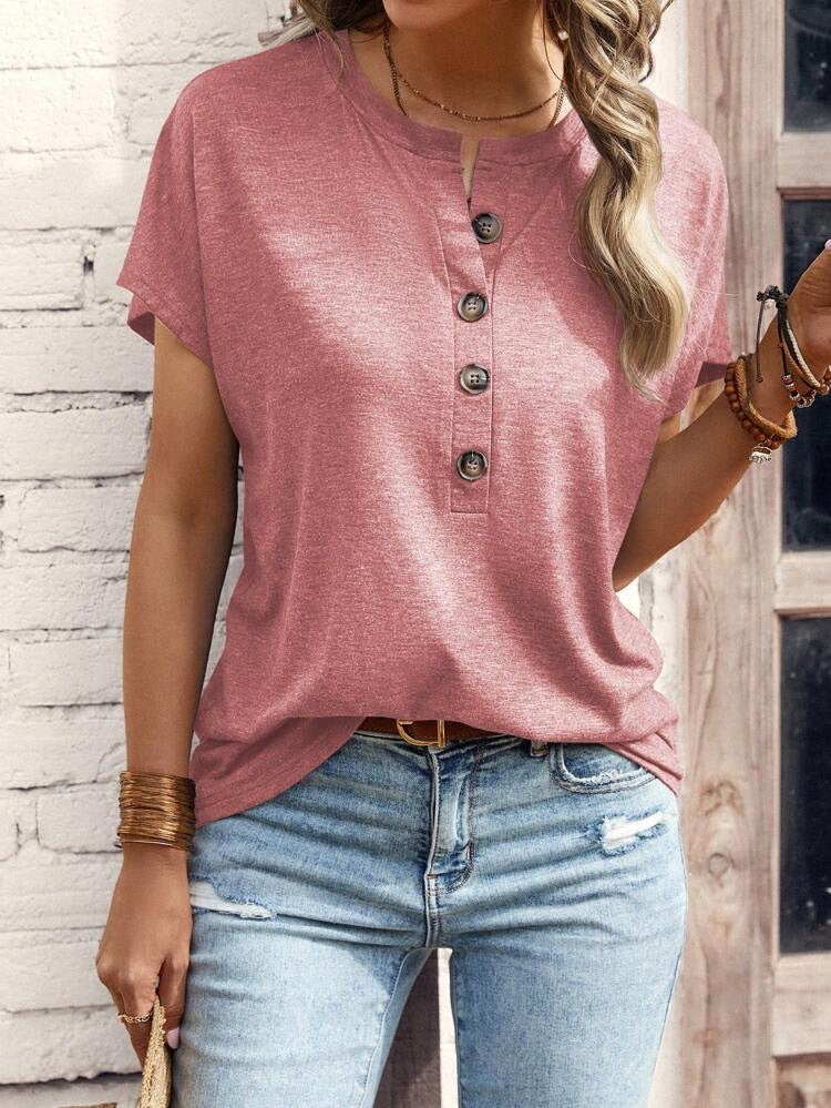 Women's Solid Color Button Fashion Sleeve T-shirt Blouses