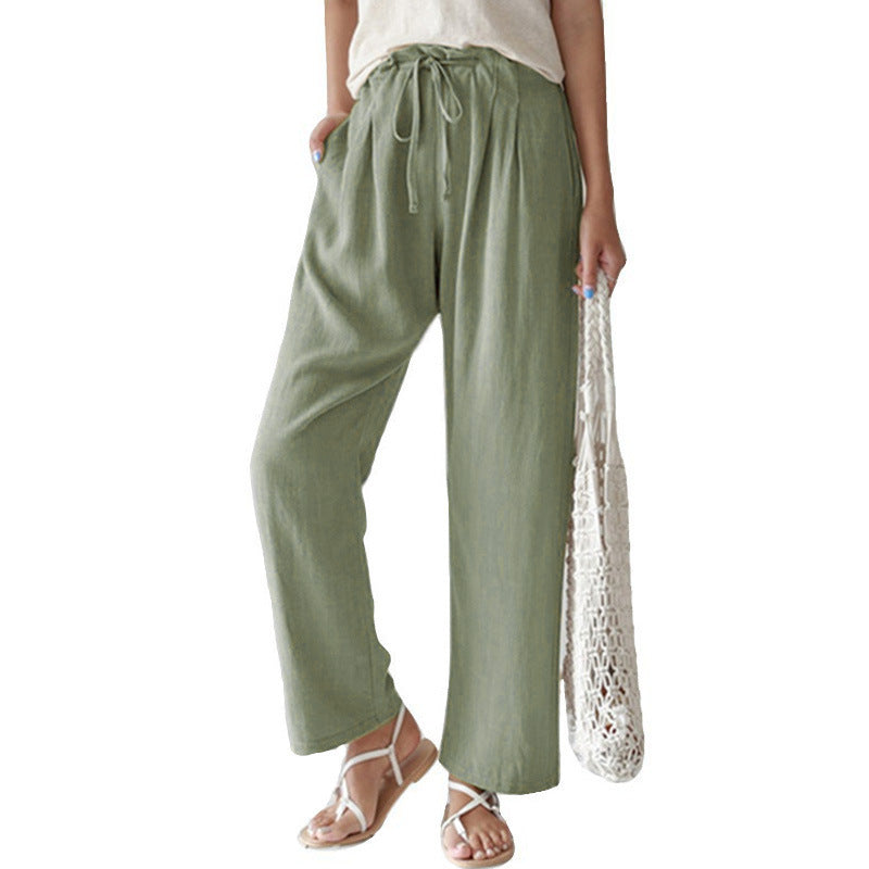 Women's Linen Loose Casual Pure Color Elastic Waist Lace Up Pants