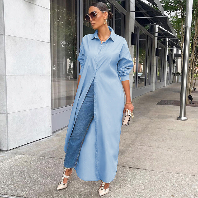 Women's Fashion Casual Solid Color Long Shirt Coats