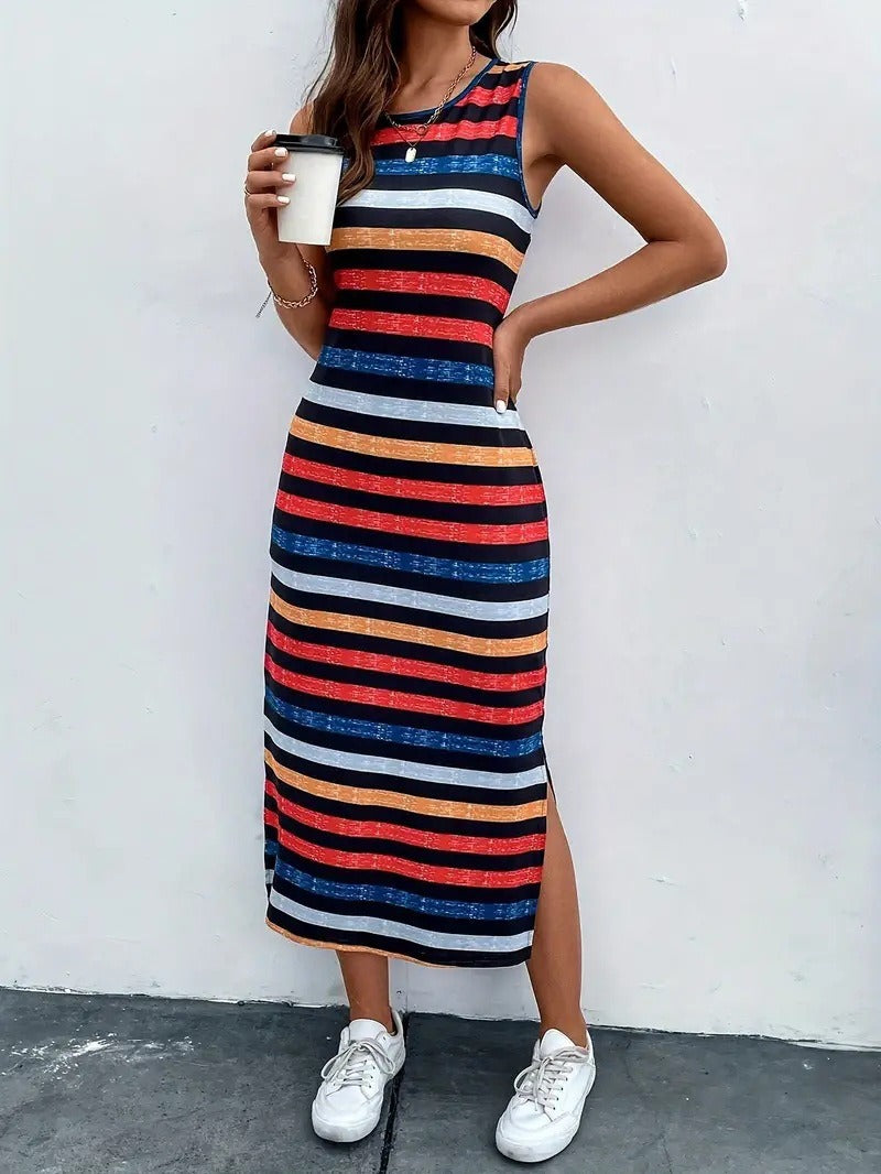 Women's Sleeveless Striped Casual Slit Dress Dresses