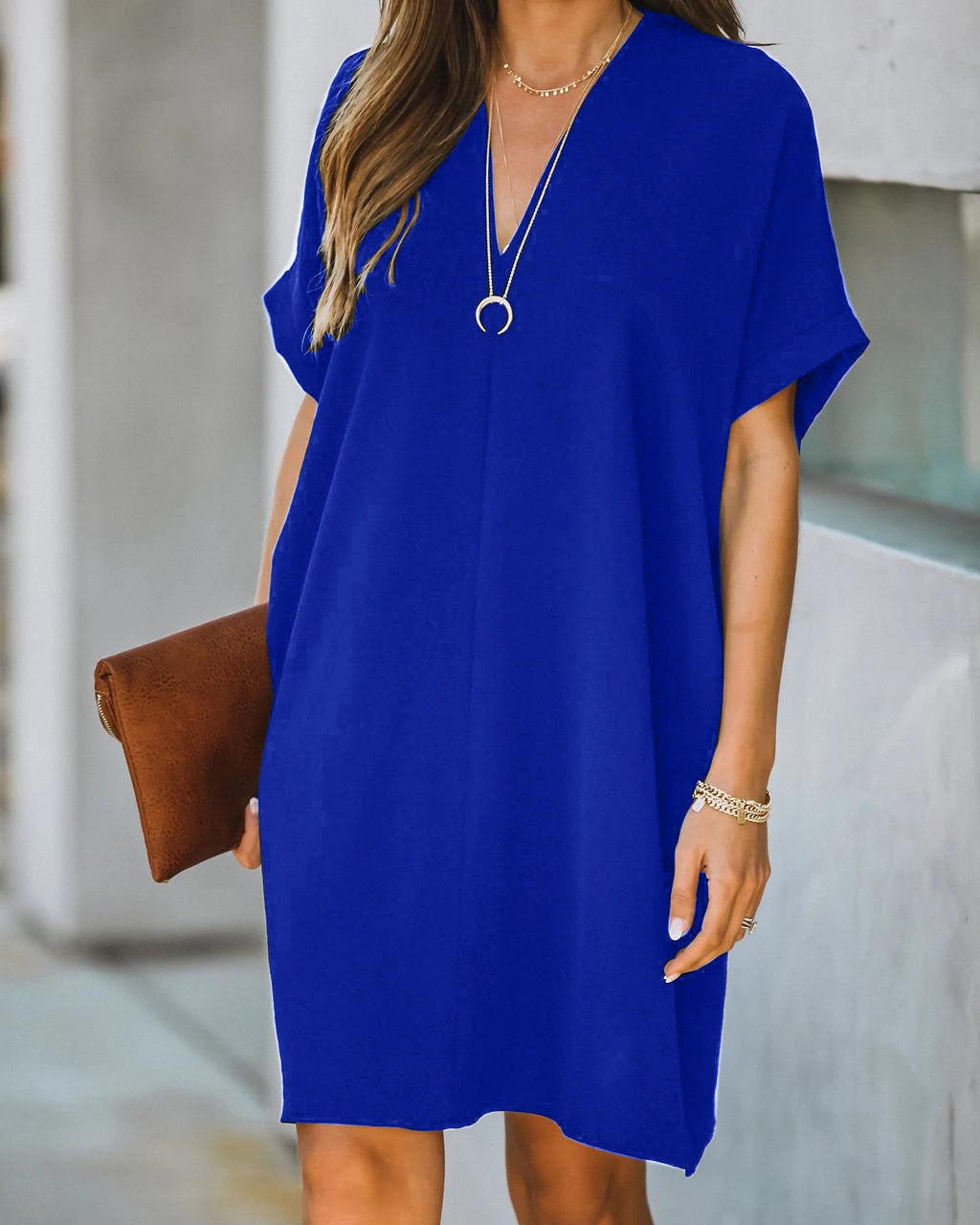 Women's V-neck Short-sleeved Solid Color Loose Dresses