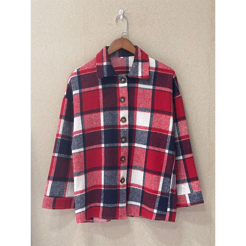 Women's Long Sleeve Loose Plaid Shirt Mid-length Coats