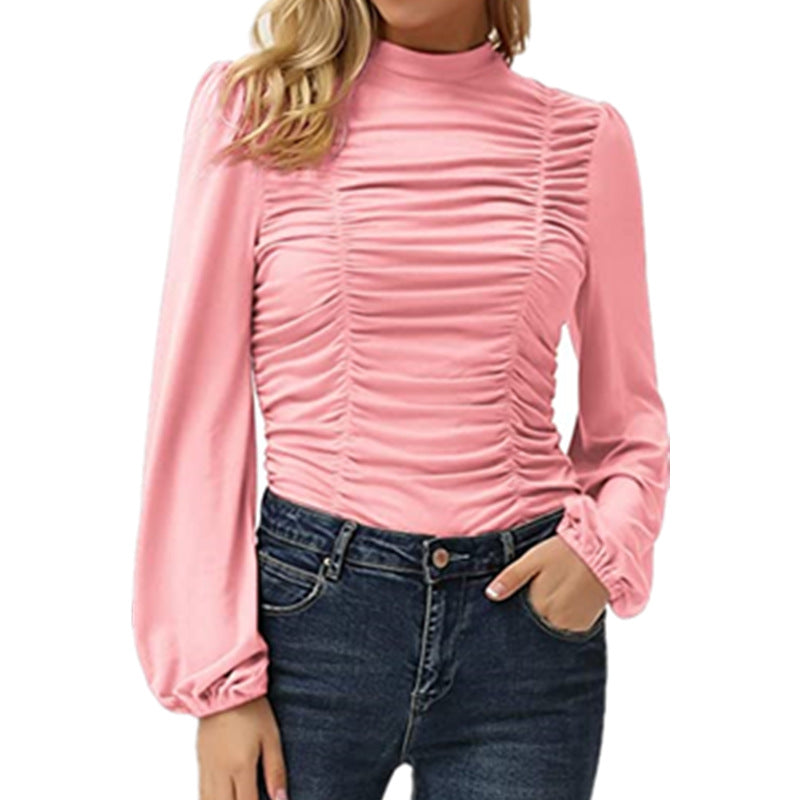 Women's Color Long Lantern Sleeve Turtleneck Pleated Blouses