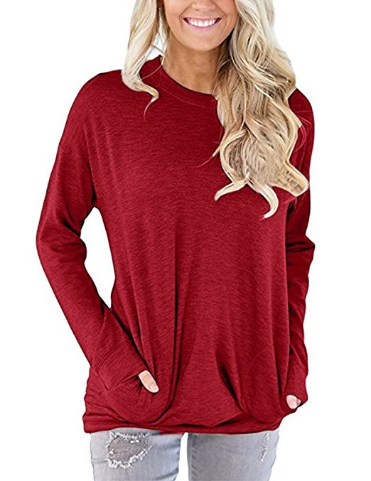 Women's Batwing Long Sleeve Pocket Solid Color Blouses