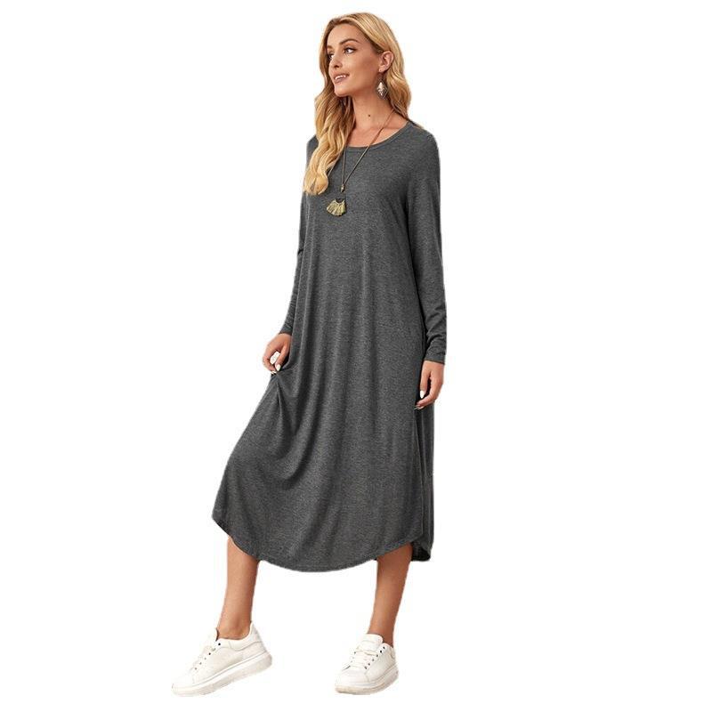 Women's Solid Color Casual Long-sleeved Dress Curved Dresses