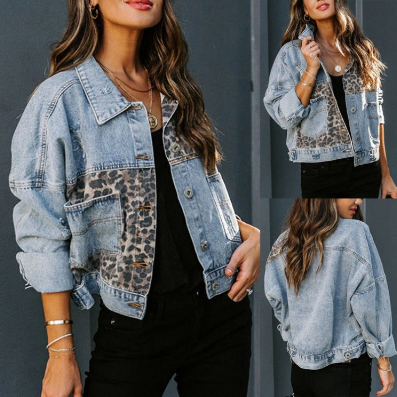 Women's Denim Long Sleeve Female Leopard Splicing Coats