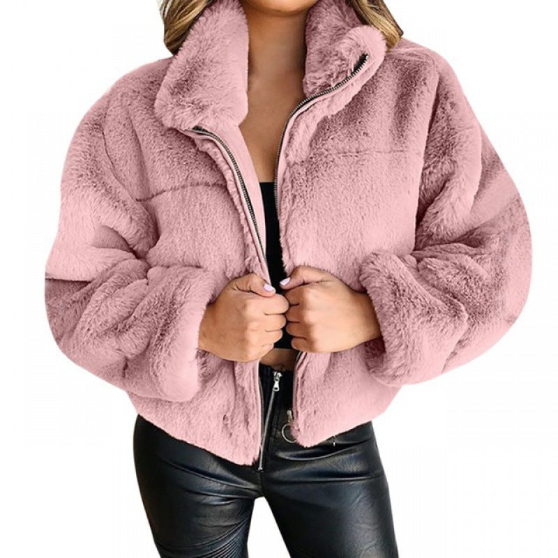 Women's Rabbit Fur Imitation Zipper Warm Plush Cardigans