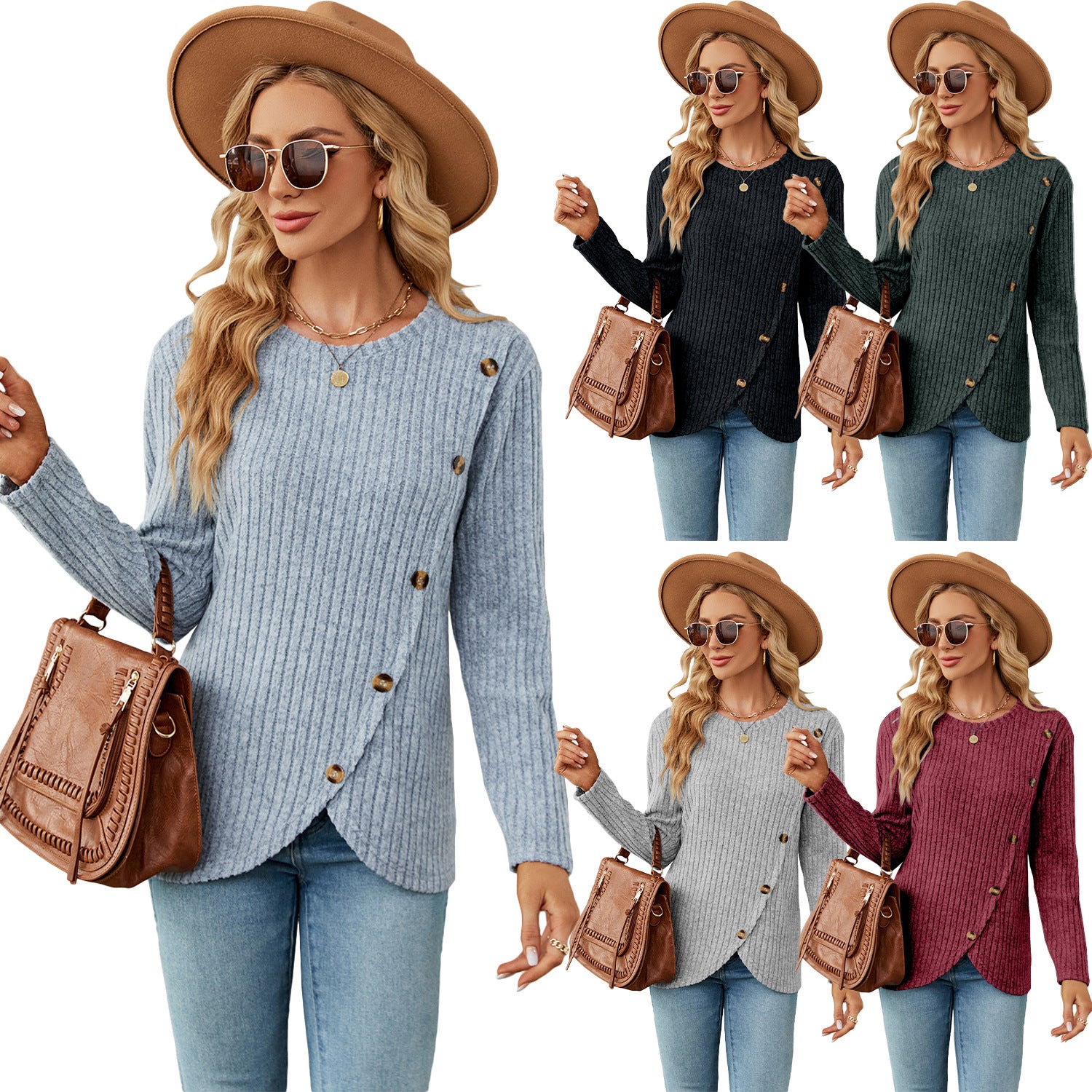 Long Sleeve Round Neck Tulip Hem Blouses