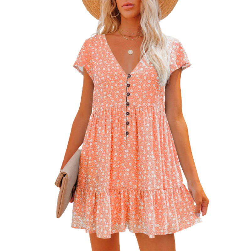 Women's V-neck Buttons Small Floral Sleeve Loose Casual Dresses