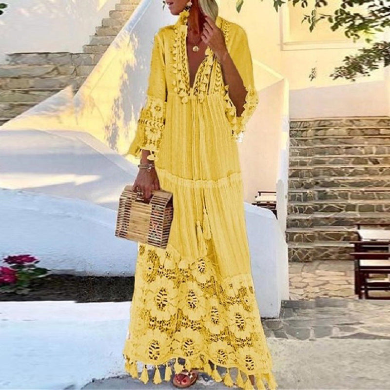 Spring Bohemian Lace Tassel Stitching Beach Vacation Temperament Long Dresses