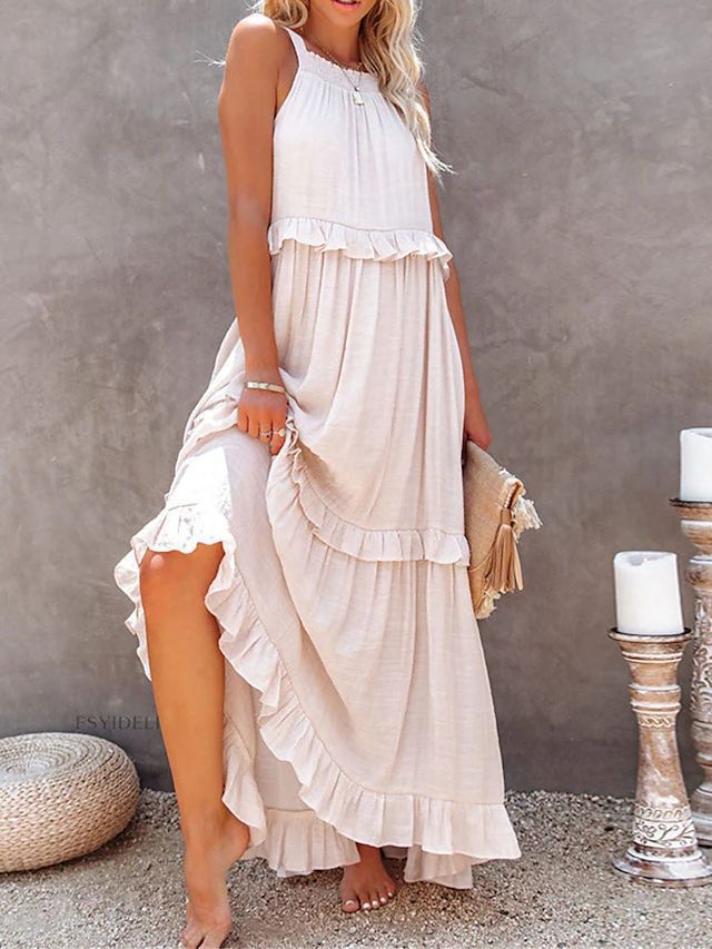 Women's Style Ruffled Long Dress Wide Hem Dresses