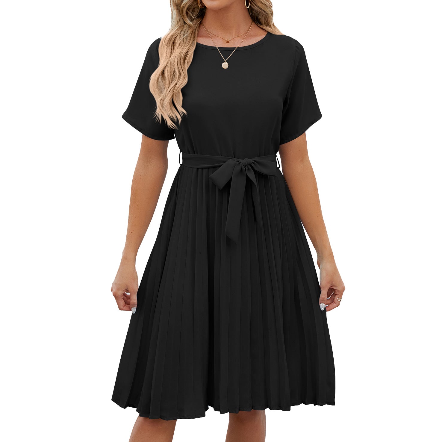 Women's Round Neck Dress Sleeve Knee-length Pleating Dresses