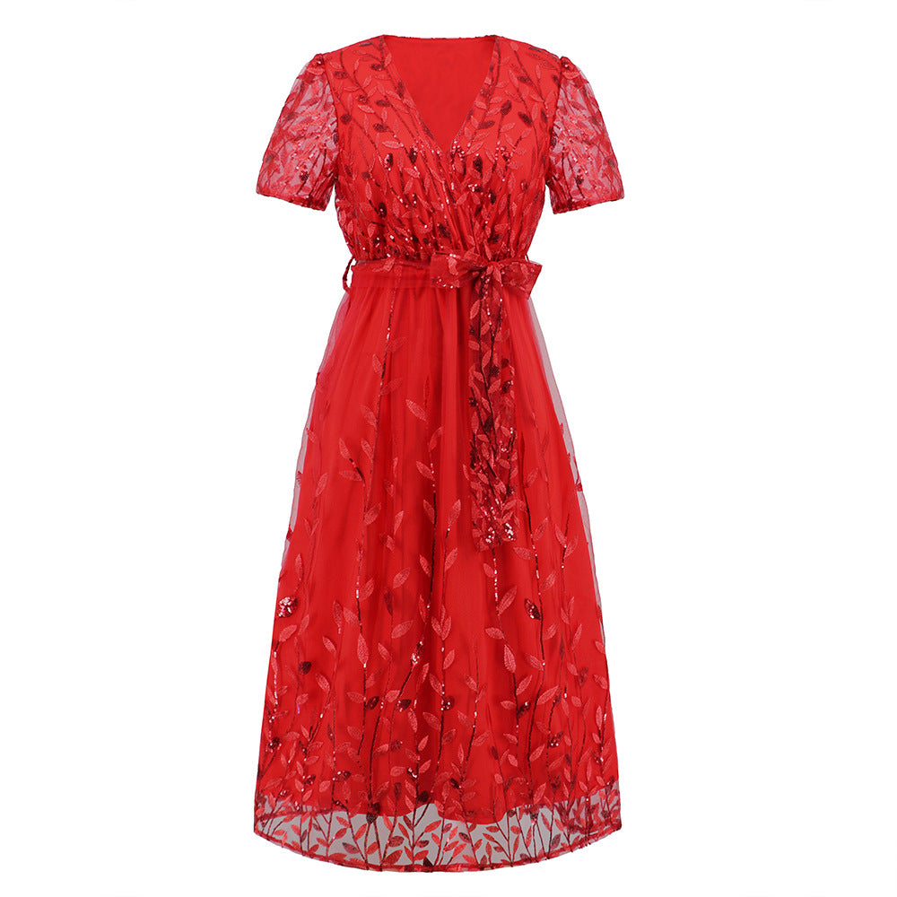 Women's Embroidered Bright Yarn Mesh Fashionable Slim-fit Dresses