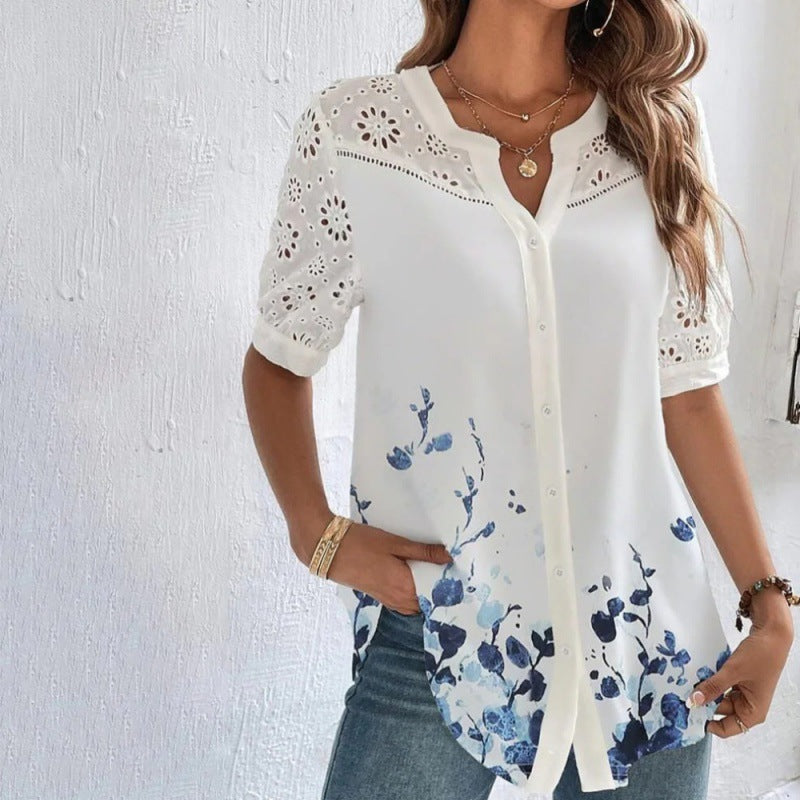 Women's Fashionable Breasted Lapel Short-sleeved Shirt Blouses