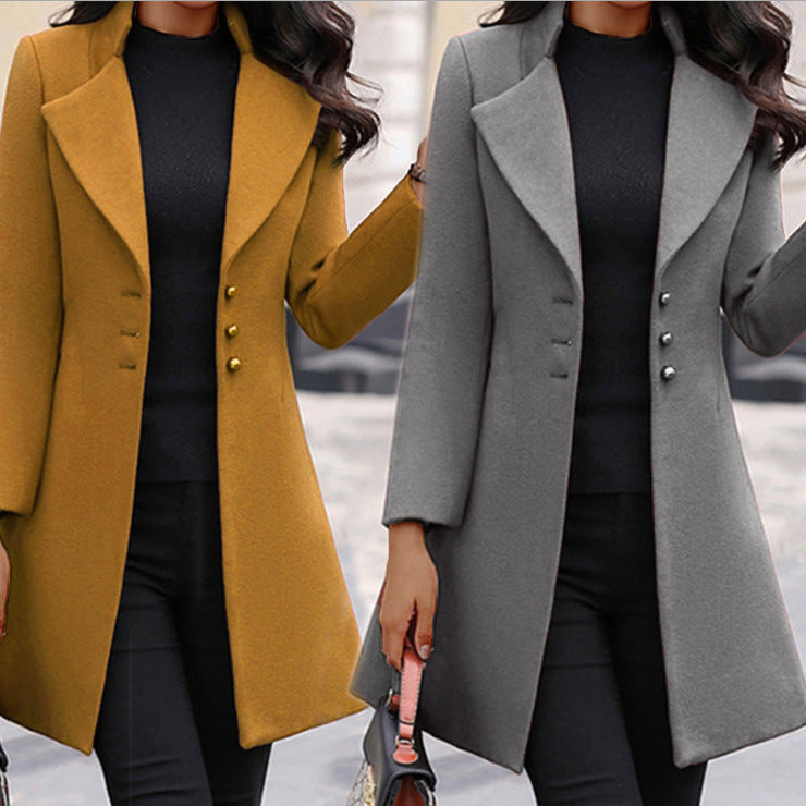 Women's Mid-length Lapel Slimming Solid Color Woolen Coats