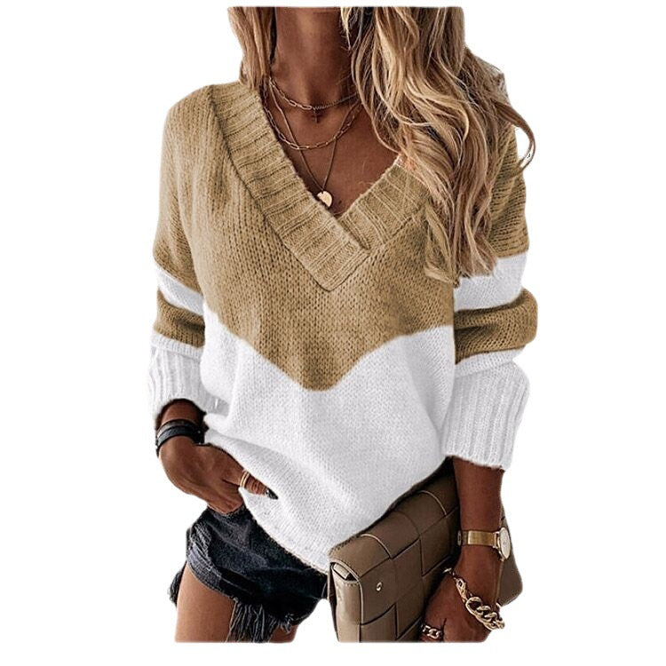 Women's Pullover V-neck Loose Color Matching Contrast Sweaters