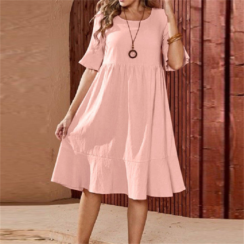 Women's Solid Color Loose Pleated Round Neck Dresses