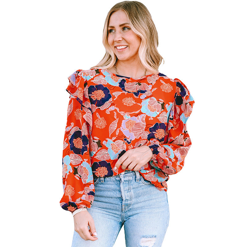 Women's Loose Pullover Spring Floral Print Ruffle Sleeve Tops