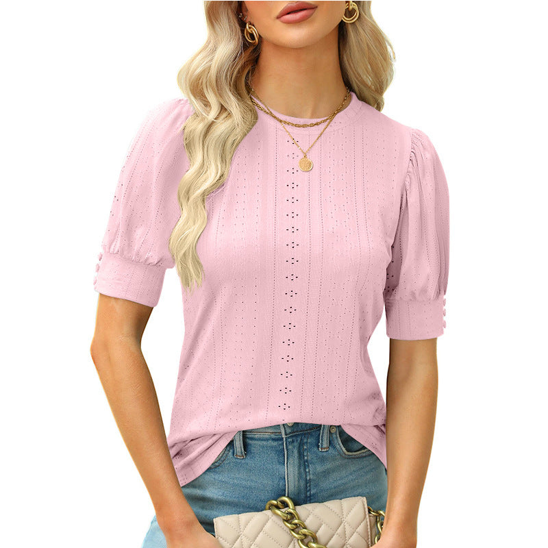 Women's Summer Round Neck Hole Hollow-out Button Blouses