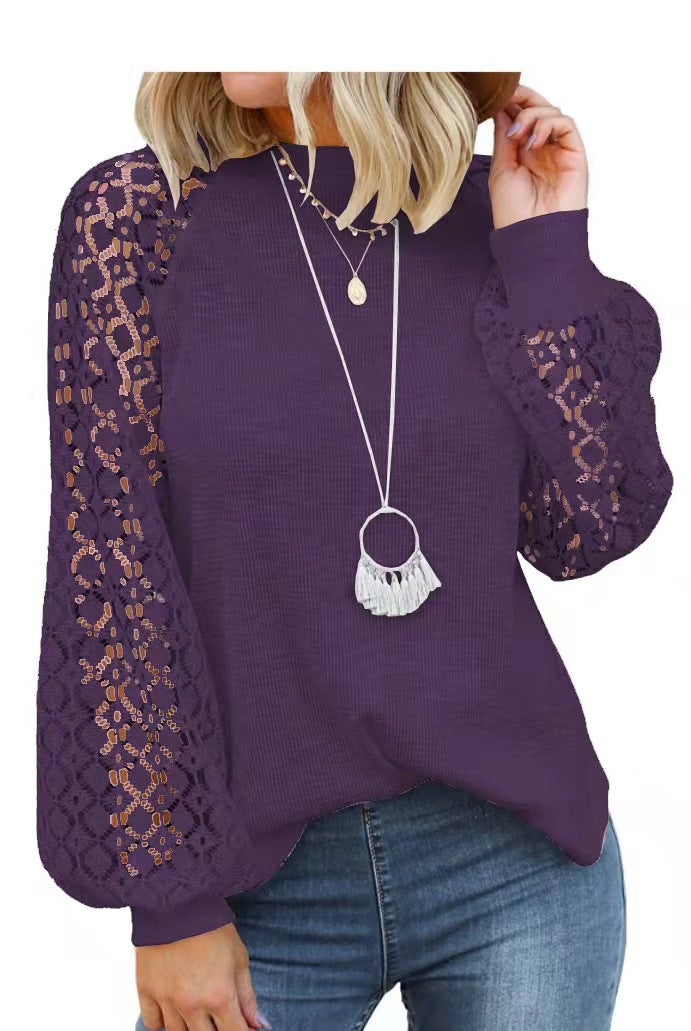 Women's Round Neck Long Sleeve Lace Stitching Sweaters