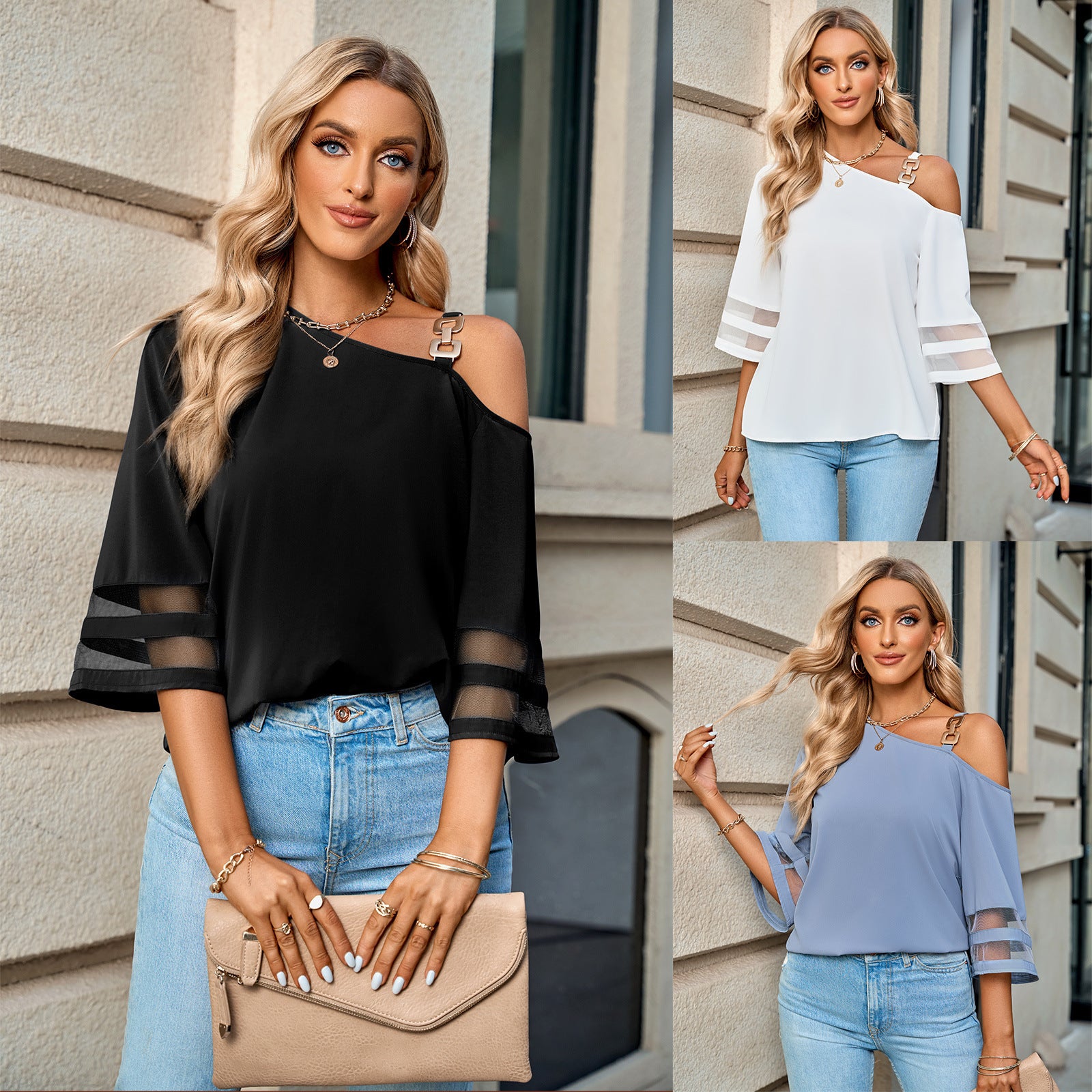 Women's Casual Solid Color Metal Buckle One-shoulder Blouses