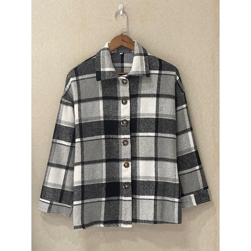 Women's Long Sleeve Loose Plaid Shirt Mid-length Coats