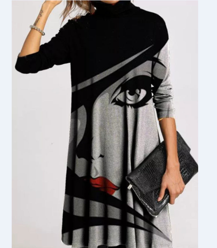 Women's Fashion Printed Collar Long Sleeves Loose Dresses