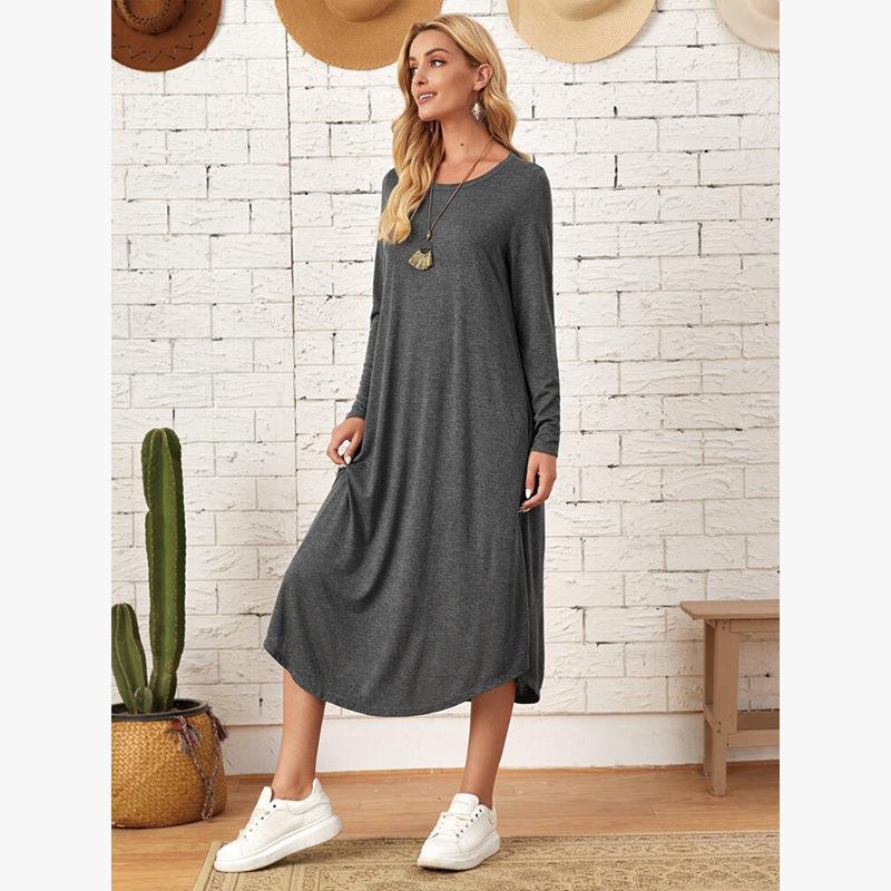 Women's Solid Color Casual Long-sleeved Dress Curved Dresses