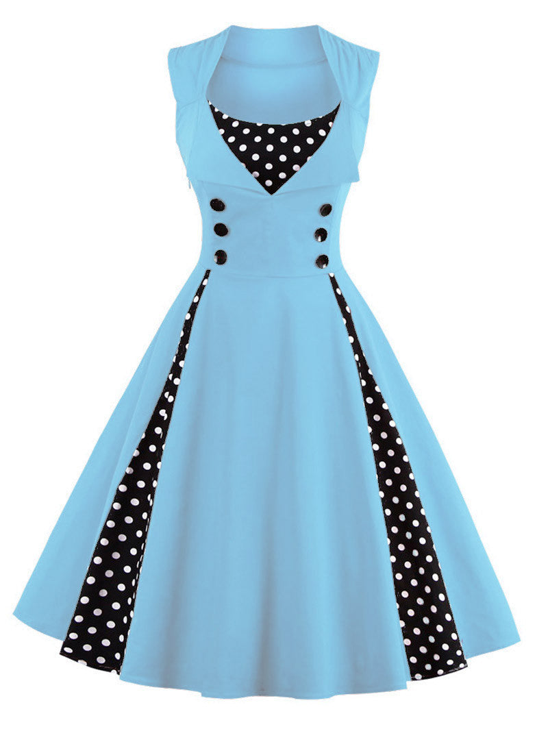 Women's Dot Print Stitching Large Swing Retro Dresses