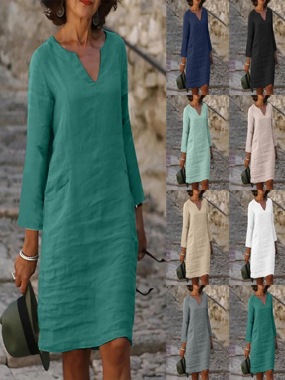 Women's Autumn Cotton And Linen Solid Color Dresses