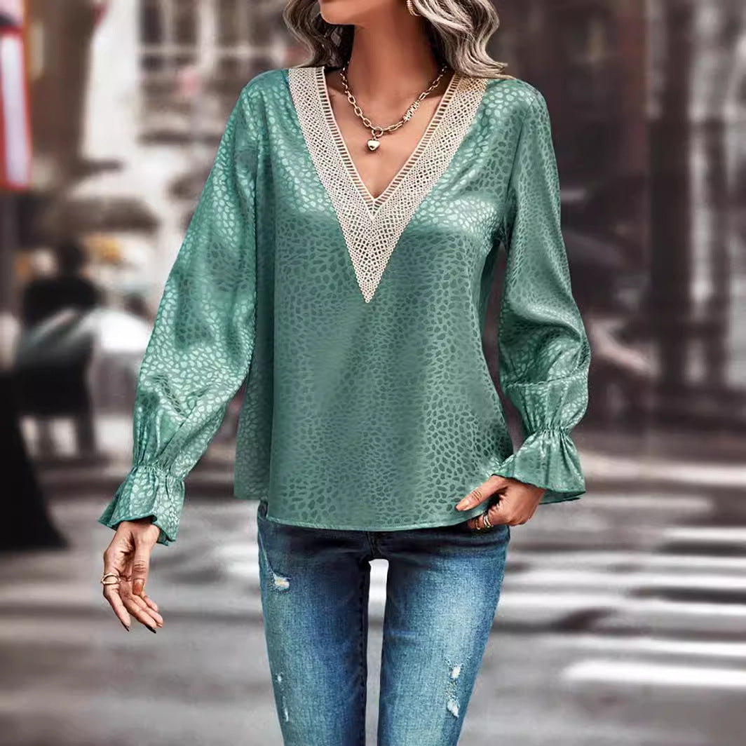 Women's Lace Pullover Shirt Jacquard Long-sleeved Blouses