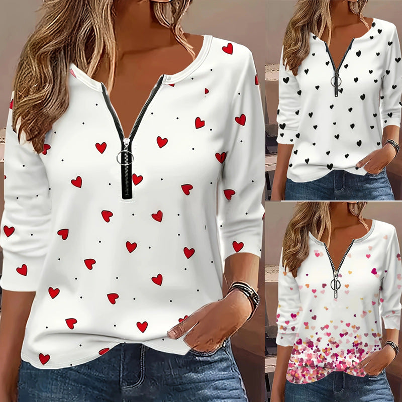 Women's Digital Printing Heart Round Neck Zipper Blouses