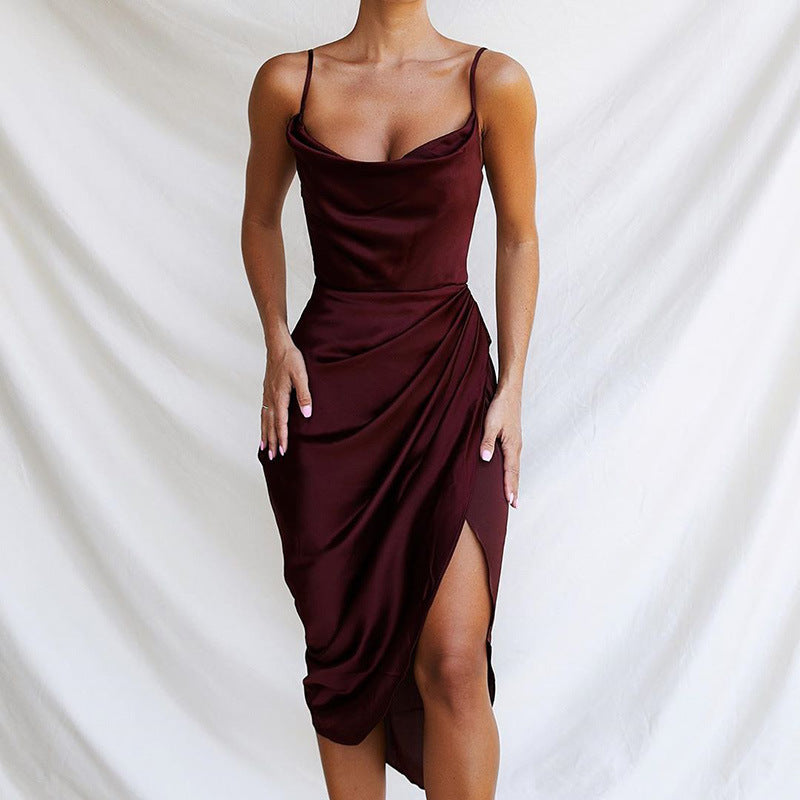 Slit Satin Dress Slim Temperament Sleeveless Dresses