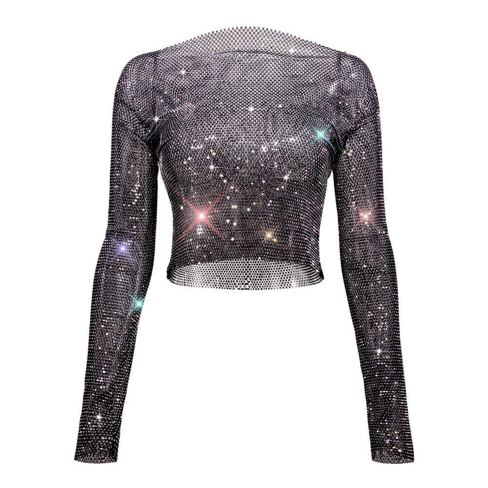 Women's Rhinestone T-shirt Mesh Long Sleeve Cool Blouses