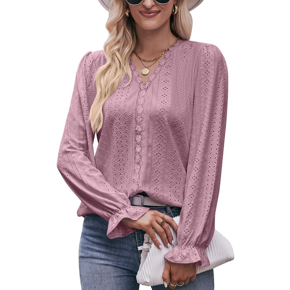 Women's Autumn Solid Color T-shirt Hole Lace Tops