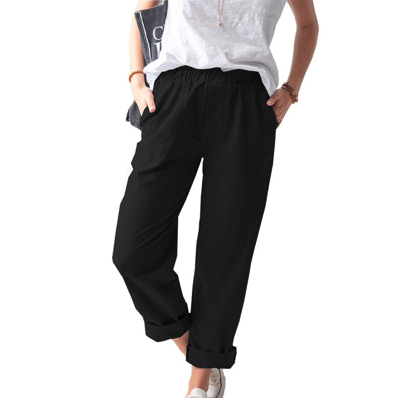 Women's Linen Trousers Solid Color Elastic High Waist Pants