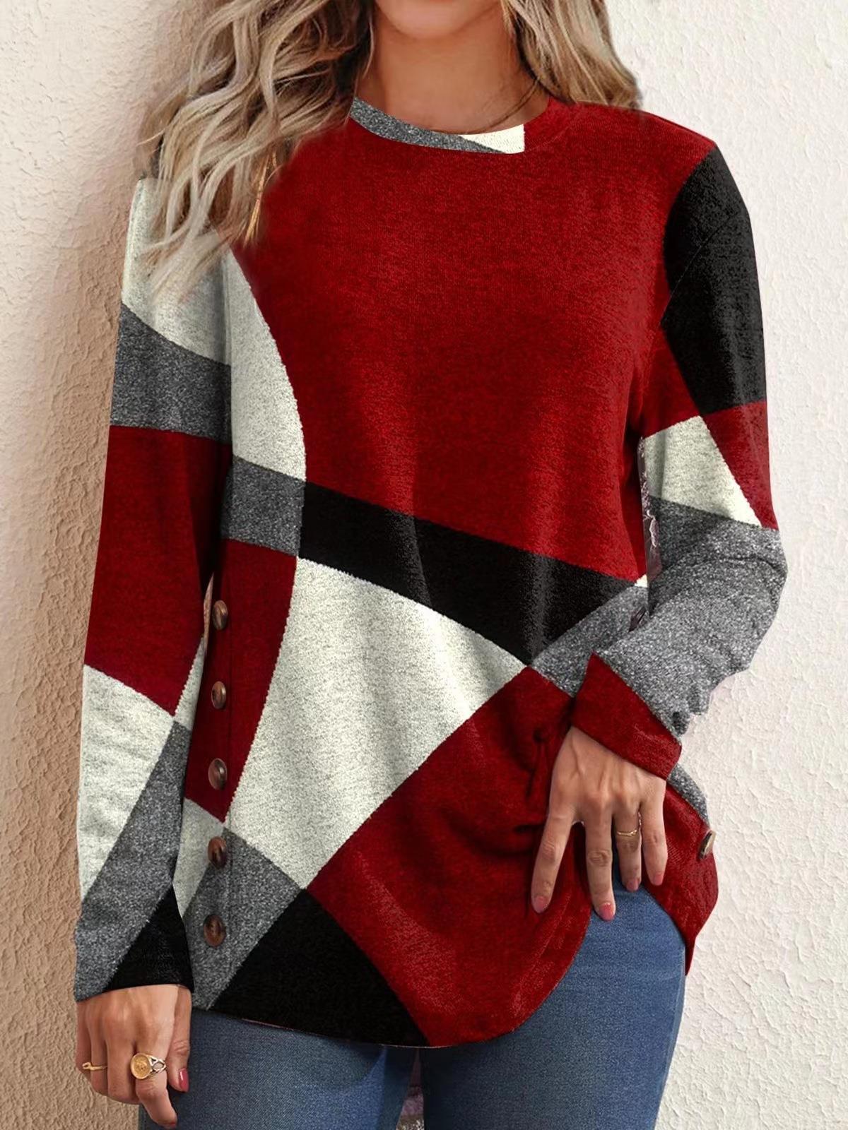 Women's French Cashmere Printing Color Contrast Long-sleeved Blouses