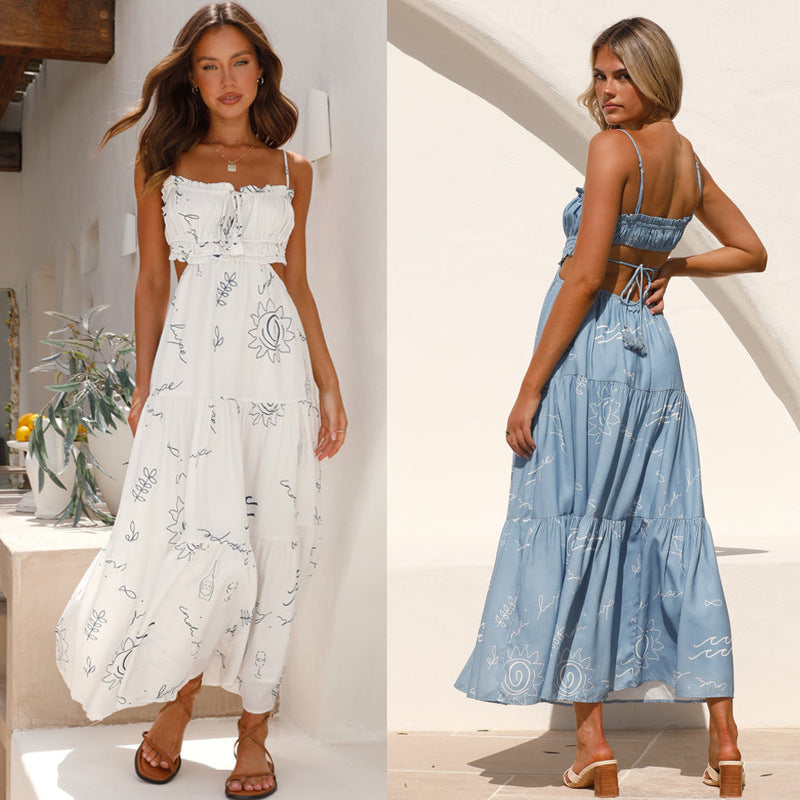 Women's Summer Sling Backless Lace Printing Long Dresses