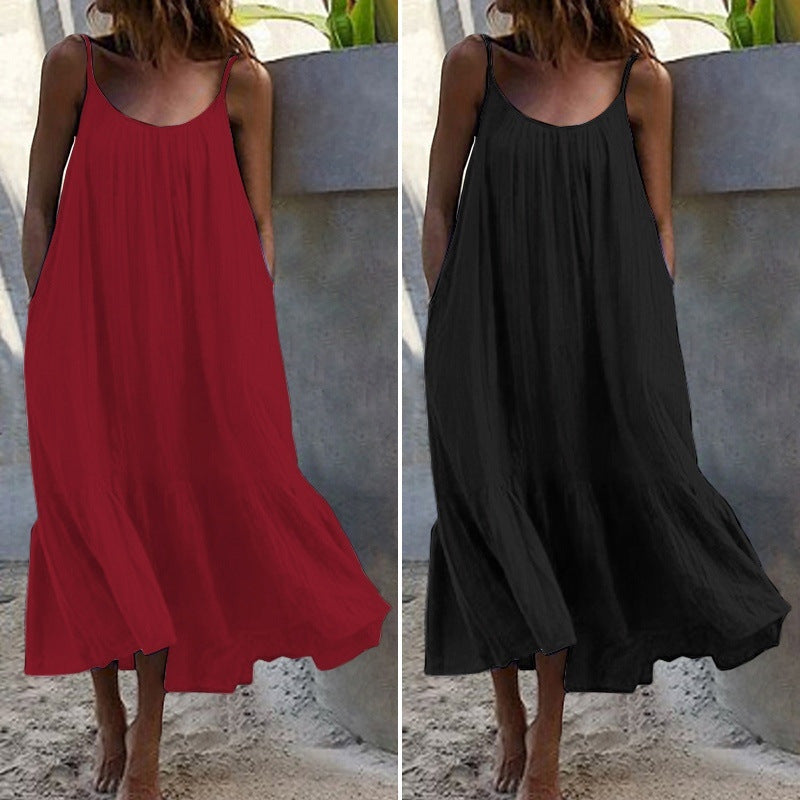 Ruffled Solid Color Dress Sleeveless Loose Dresses