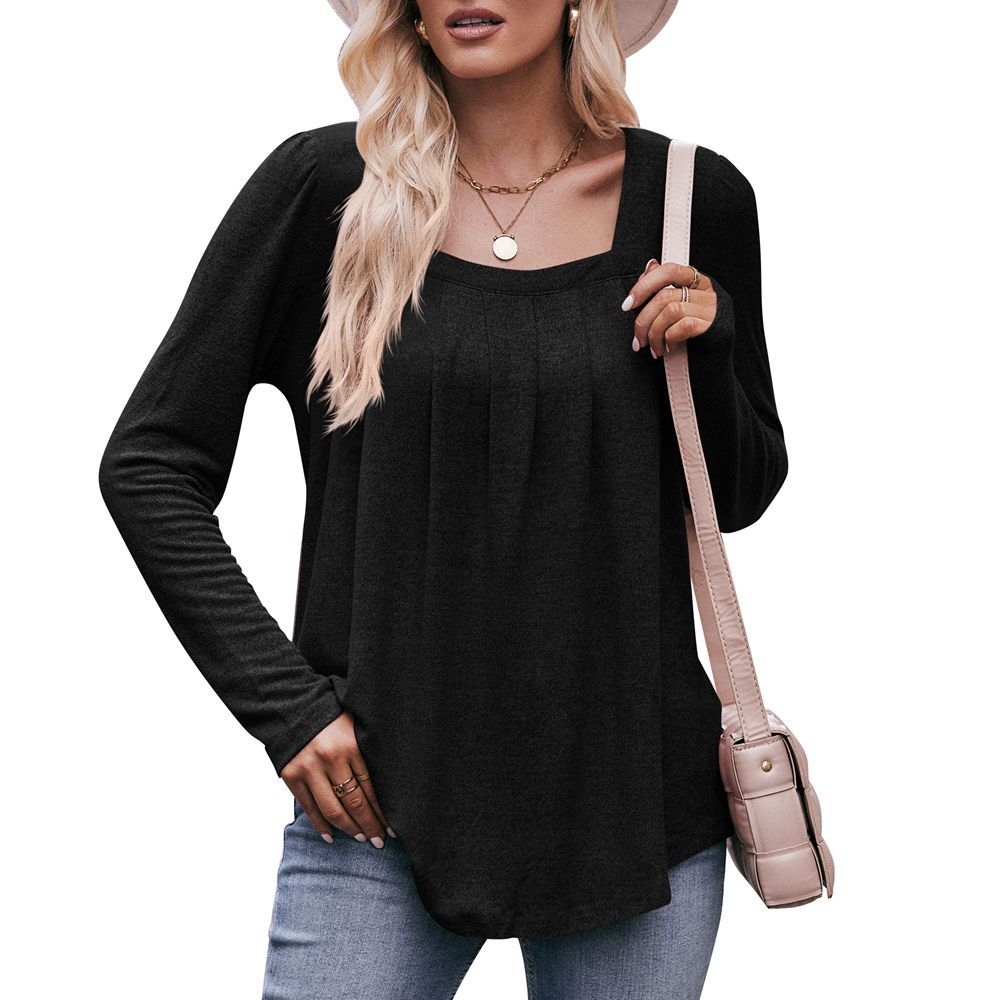 Women's Puff Sleeve Square Collar Pleated Long Blouses