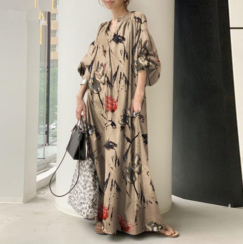 Women's Cotton Linen Printed V-neck Simple Loose Dresses