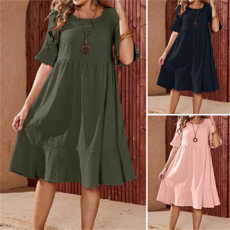 Women's Solid Color Loose Pleated Round Neck Dresses